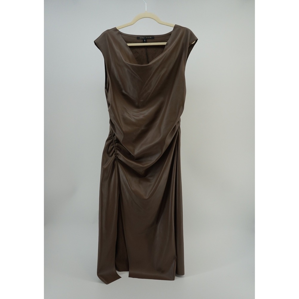 River Island Drape Cowl Neck Ruched Midi Dress Faux Leather Slit Brown US 8 NEW - Picture 2 of 9
